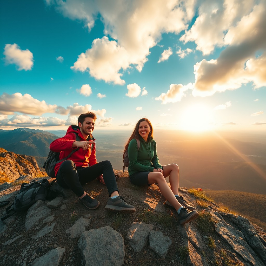 Two friends sitting on a rocky mountain summit, enjoying the breathtaking view of a vast valley below