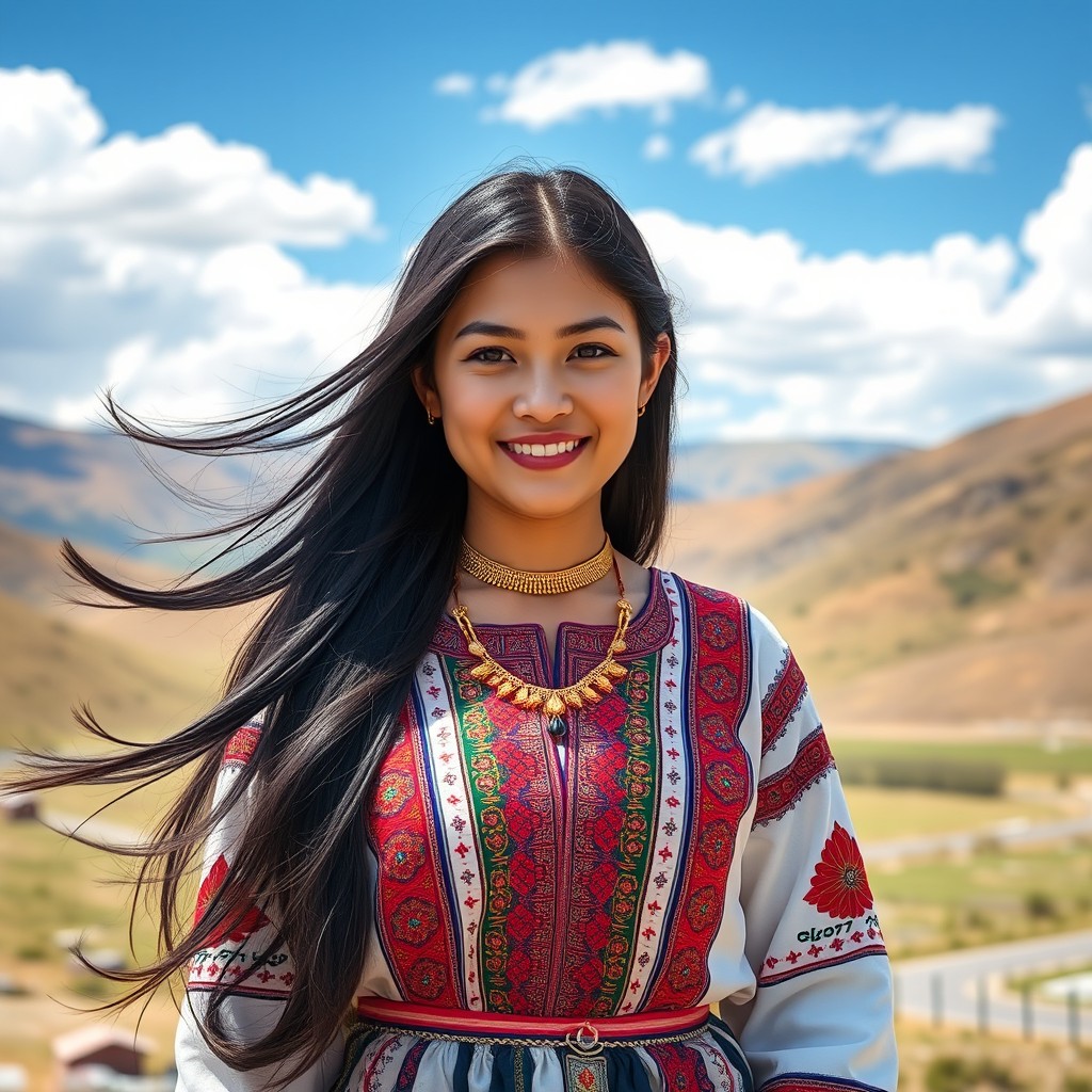 A beautiful Tajik girl dressed in traditional clothing, showcasing intricate patterns and vibrant colors, standing in a picturesque setting of the Pamir Mountains