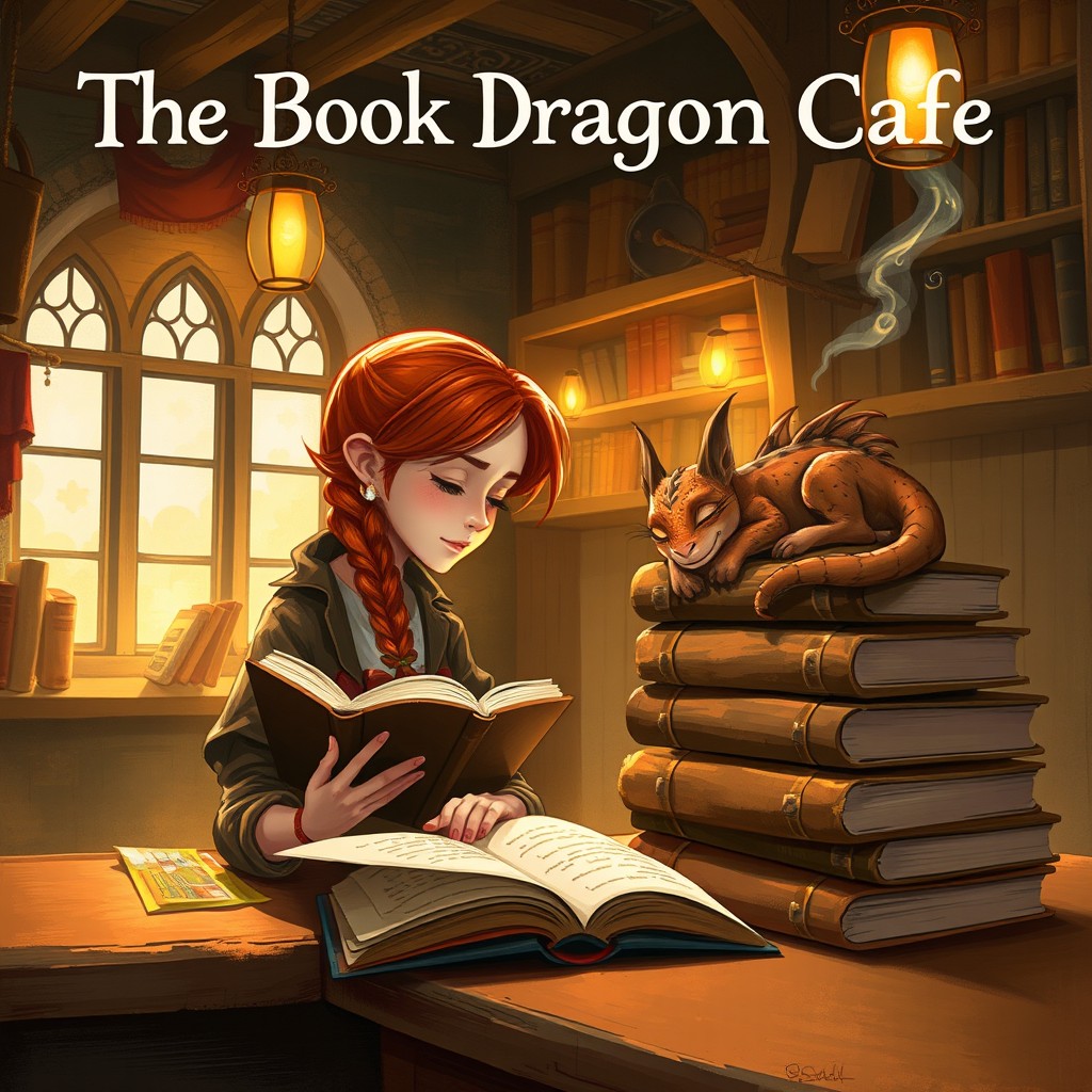 A cozy fantasy book cover illustration for 'The Book Dragon Cafe'