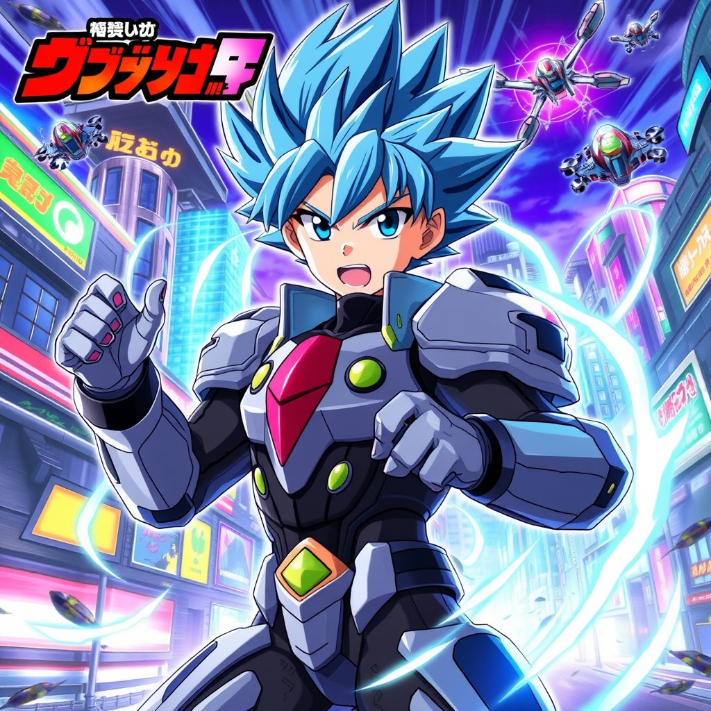 A vibrant and dynamic anime poster featuring a heroic character with spiky blue hair, wearing a futuristic armor suit