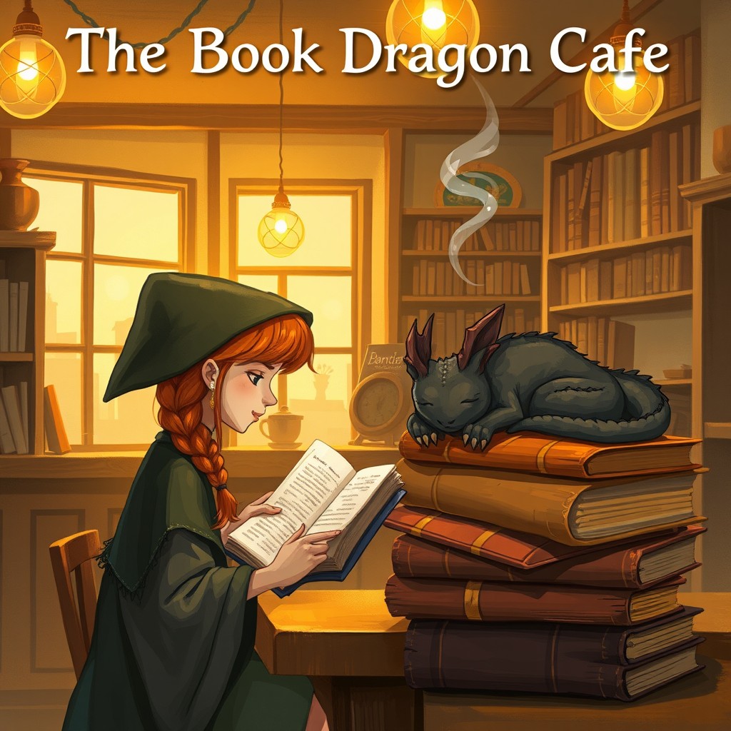 A cozy fantasy book cover illustration for 'The Book Dragon Cafe'
