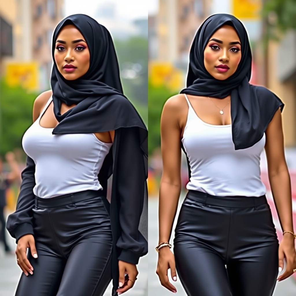 Two women wearing black hijabs and white tank tops, paired with black satin leggings