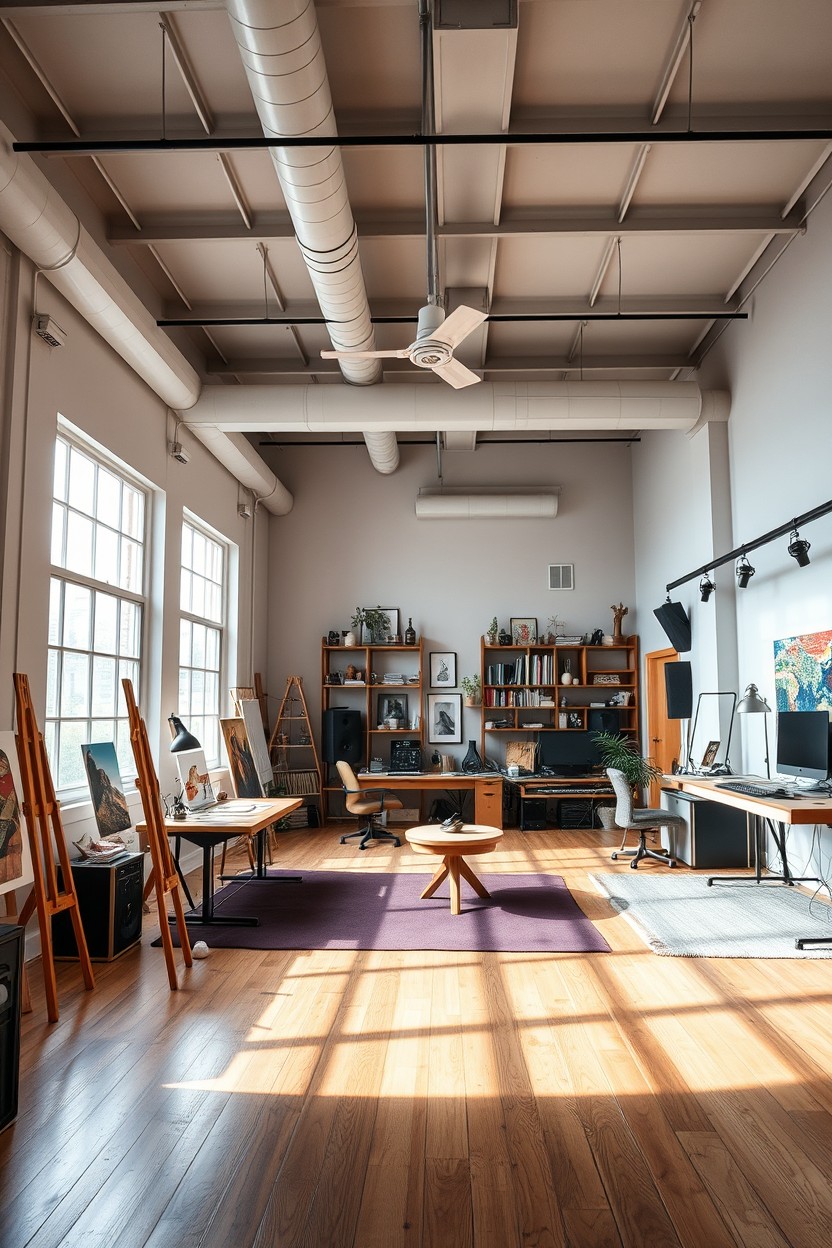 A spacious interior room featuring three distinct studios