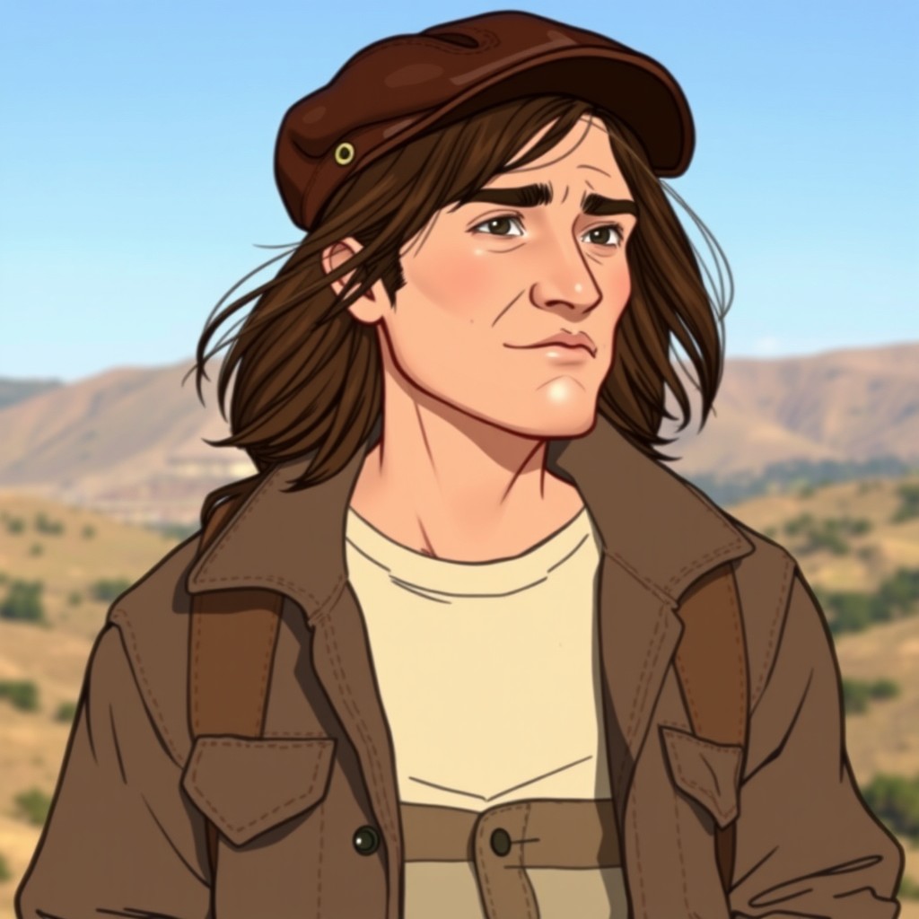 A lean, non-binary individual in their mid-forties with shoulder-length brown hair peeking out from under a stylish leather cap