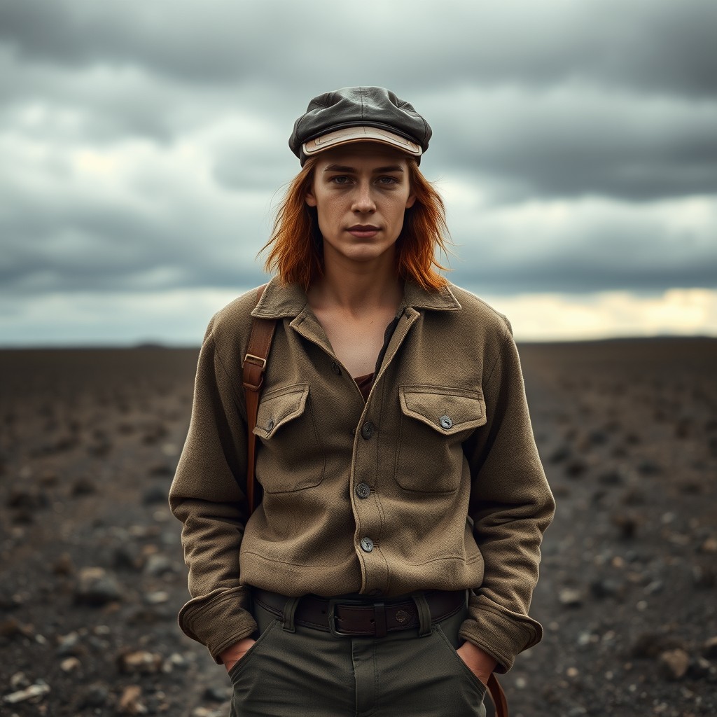A lean, non-binary individual in their mid-forties with shoulder-length brown hair tucked under a rugged leather cap
