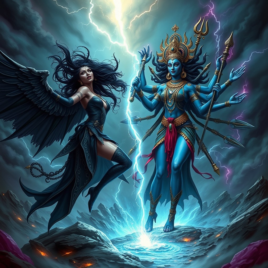 A dynamic and powerful scene depicting a fierce battle between Lilith and Kali, set in a mystical, otherworldly landscape