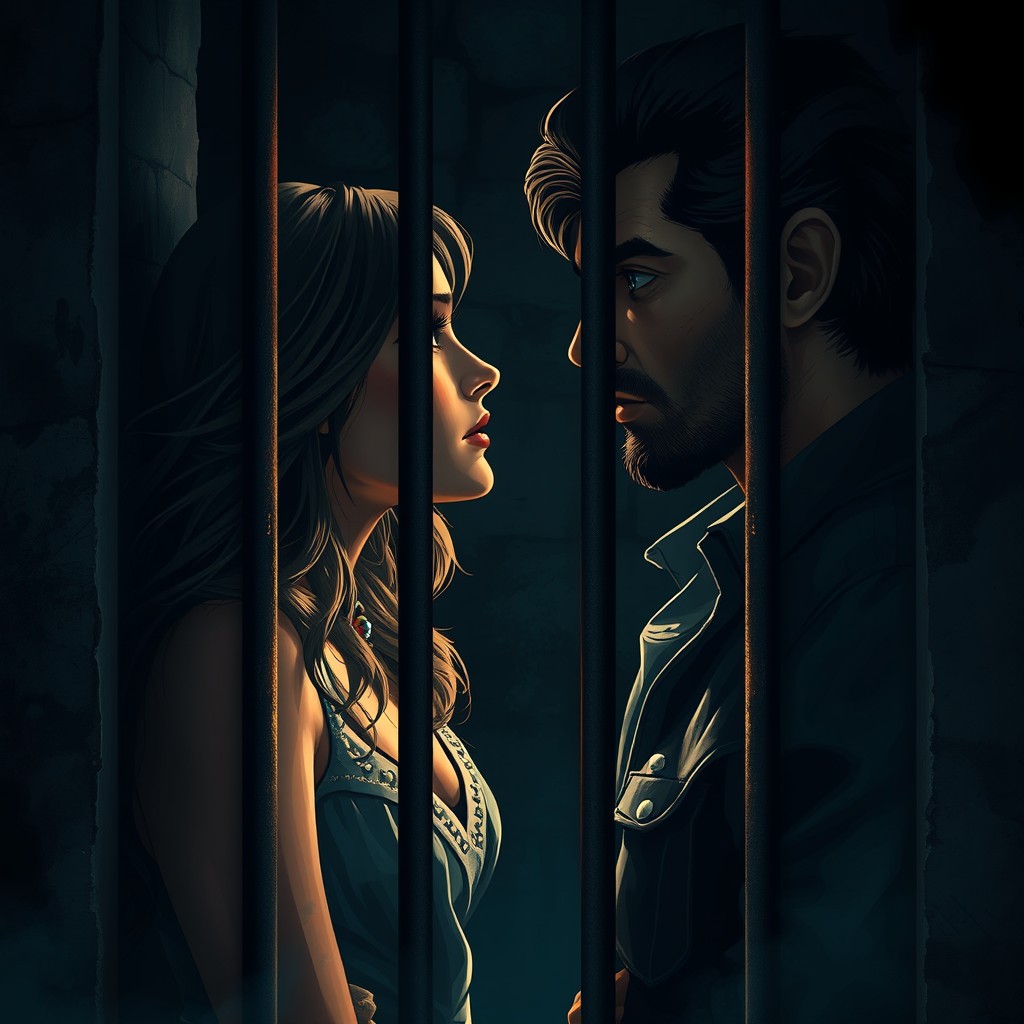 A dramatic and atmospheric scene set in a dimly lit prison cell, where two intense eyes gaze longingly at each other through the bars
