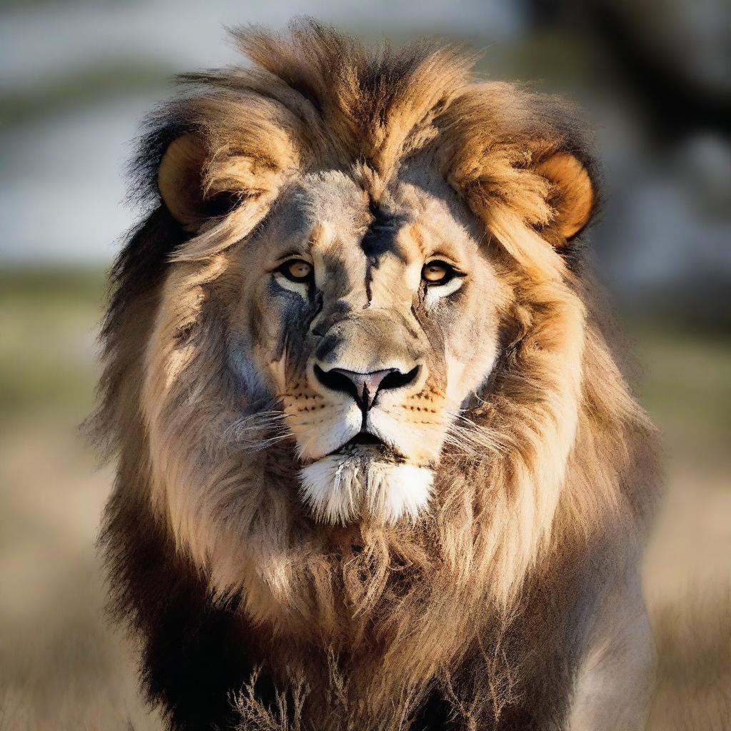 A striking real-life photograph of a muscular lion in its prime