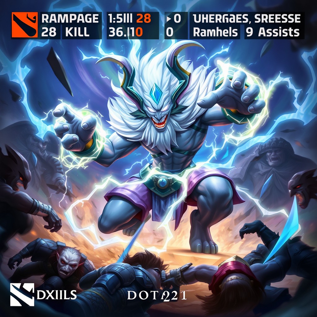 A dynamic and action-packed scene featuring Storm Spirit from Dota 2 achieving a rampage with a score of 28 kills, 0 deaths, and 9 assists