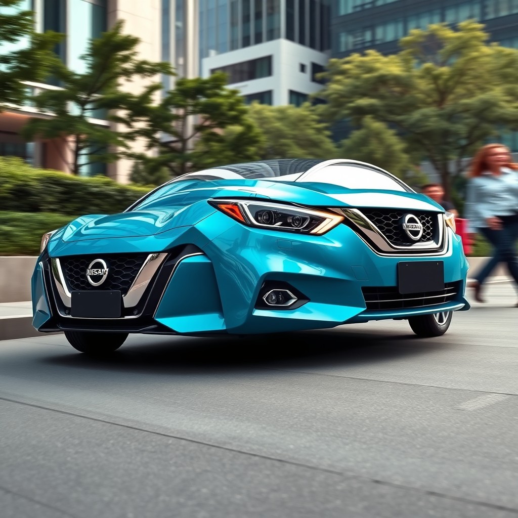 A Nissan Teana J32 in a vibrant Tiffany Blue color, showcasing its distinctive design features such as the smooth body lines, stylish front grille, and LED headlights