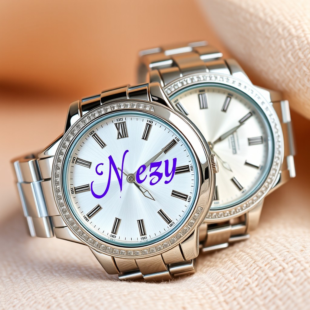 An elegant pair of silver wristwatches that exude luxury, featuring a beautifully crafted dial with the engraved name 'Nezy' in an exquisite purple font