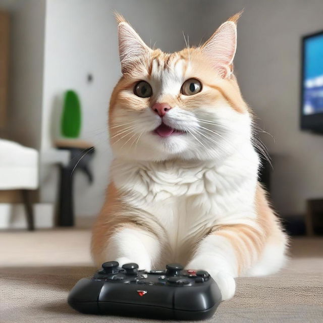 Ataberk Dogan happily playing FIFA video game, as a joyful cat enters the room