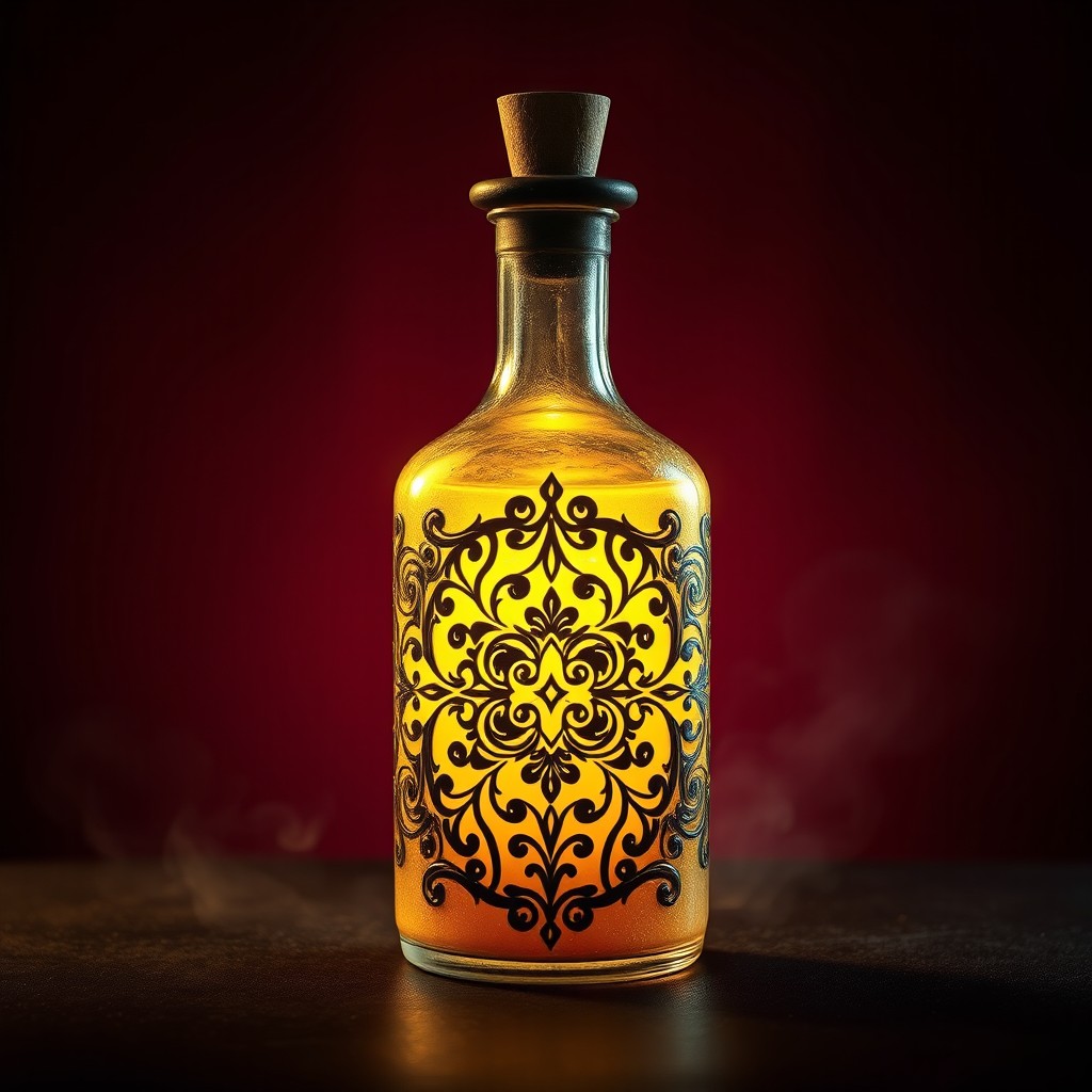 A semi-realistic potion bottle with an intricate design, filled with a glowing light yellow liquid that radiates a mystical aura