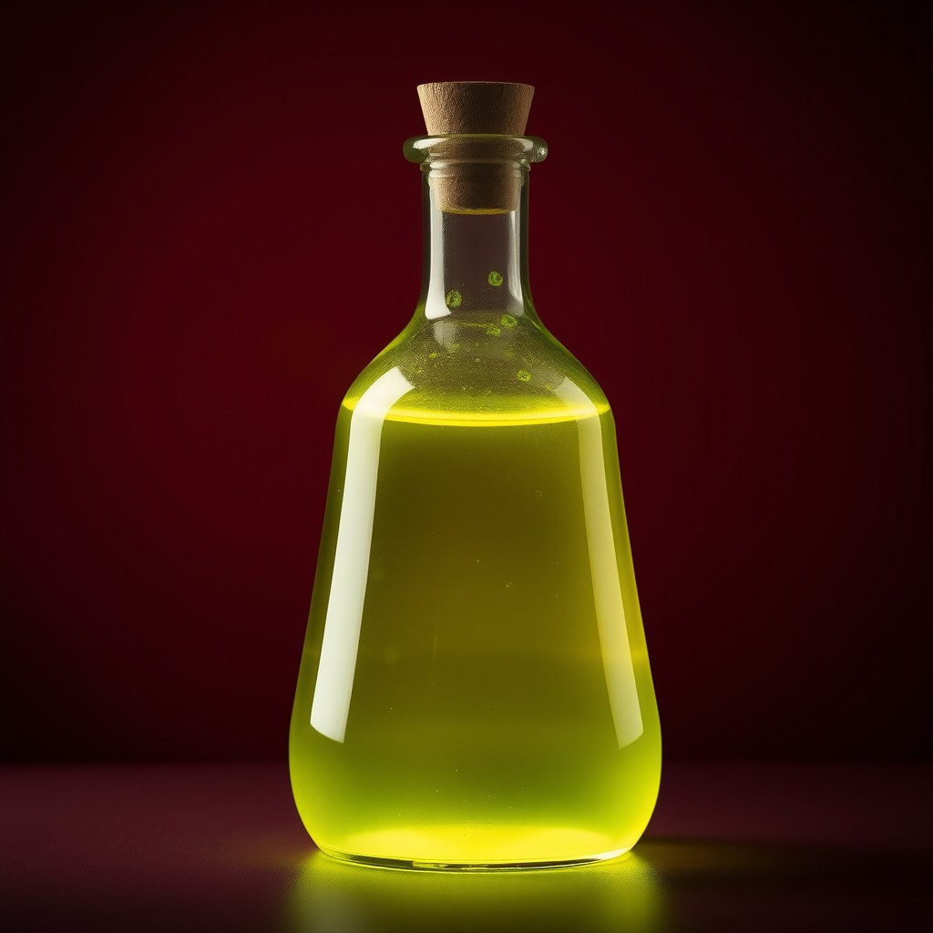 A semi-realistic potion bottle with a smooth, clear body, filled with a glowing light yellow liquid that radiates a mystical aura