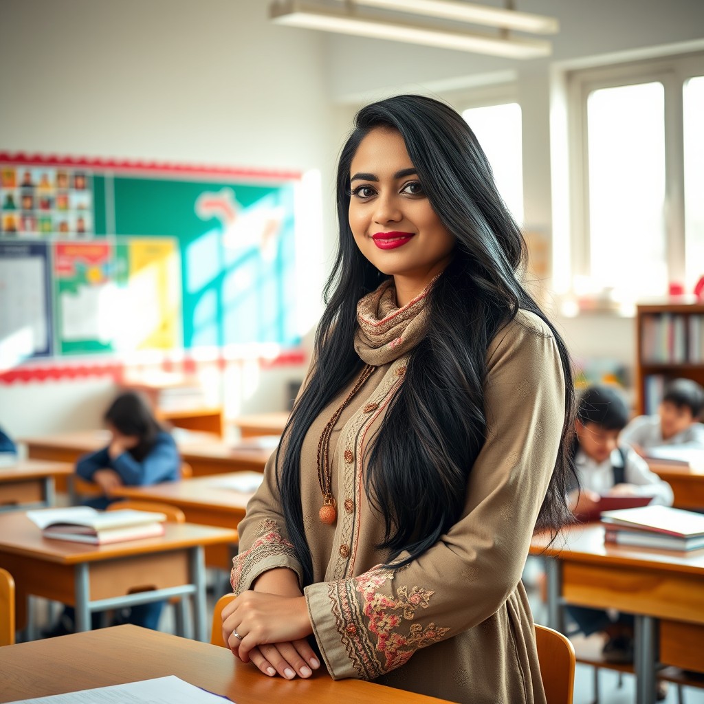A captivating portrait of a beautiful Pakistani teacher in a stylish classroom
