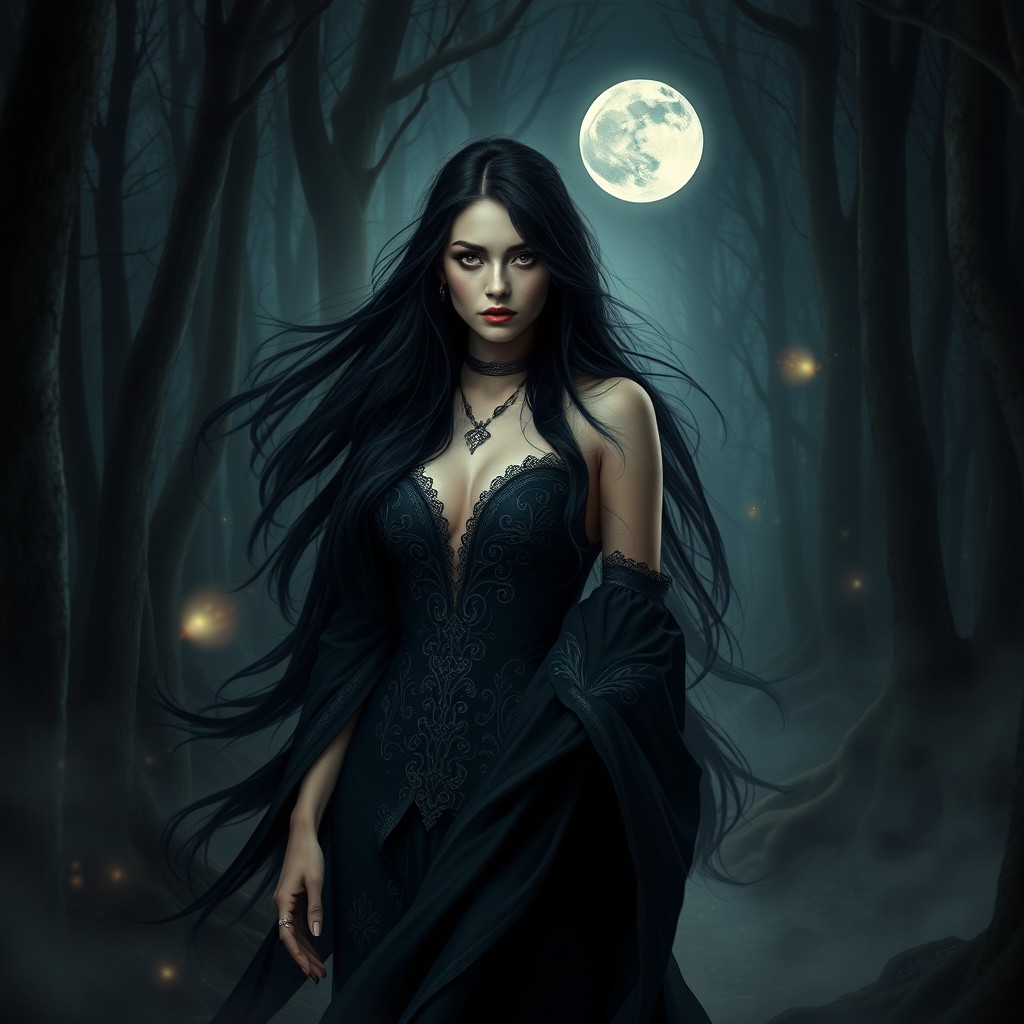 A conceptual portrayal of Lilith, the mythical figure, depicted as a powerful, enigmatic woman with striking features and long, flowing black hair