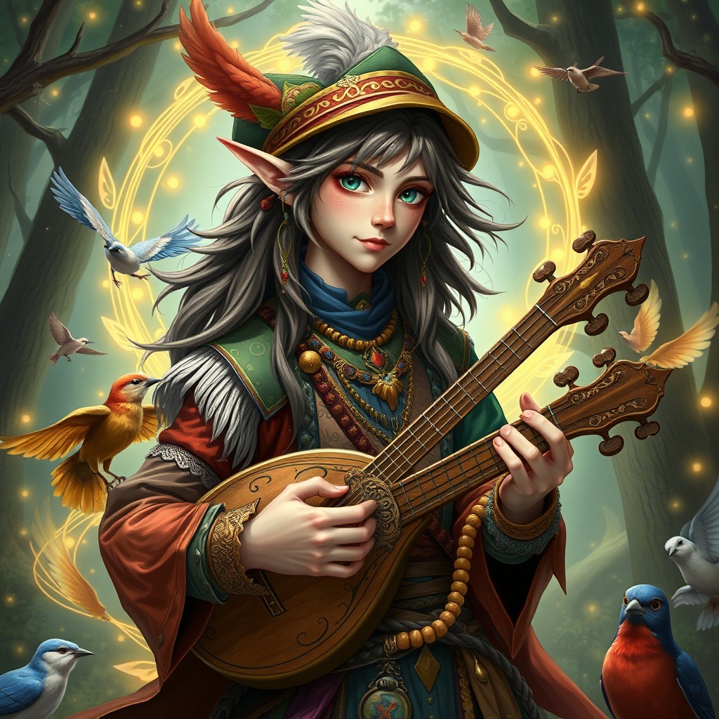 A male half-elf bard with a chaotic neutral personality, capturing the essence of a whimsical poet