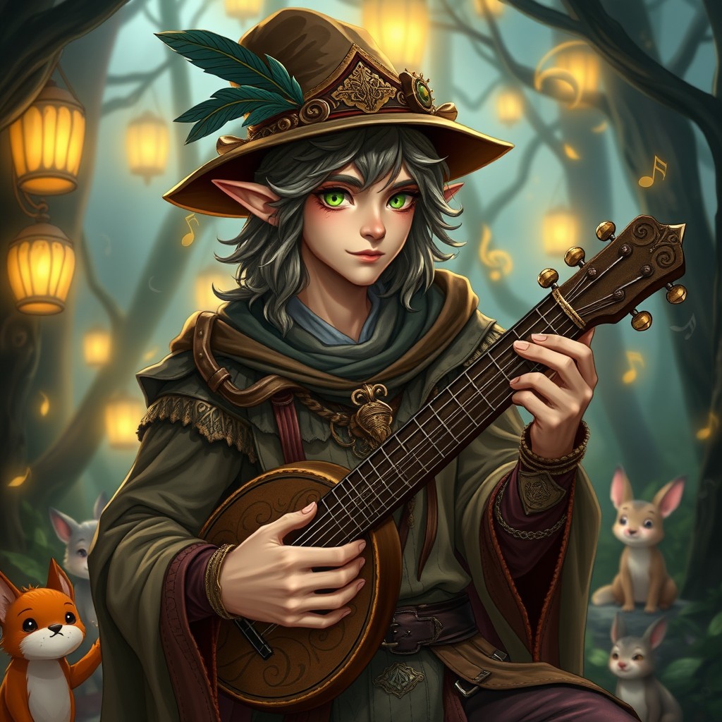 A male half-elf bard exuding a chaotic neutral charm, depicted as an enchanting poet