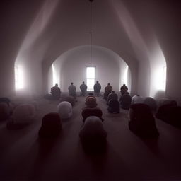 A deeply poignant scene of people engaged in prayer, their bodies assumed in gestures of reverence and faith, under an ethereal light