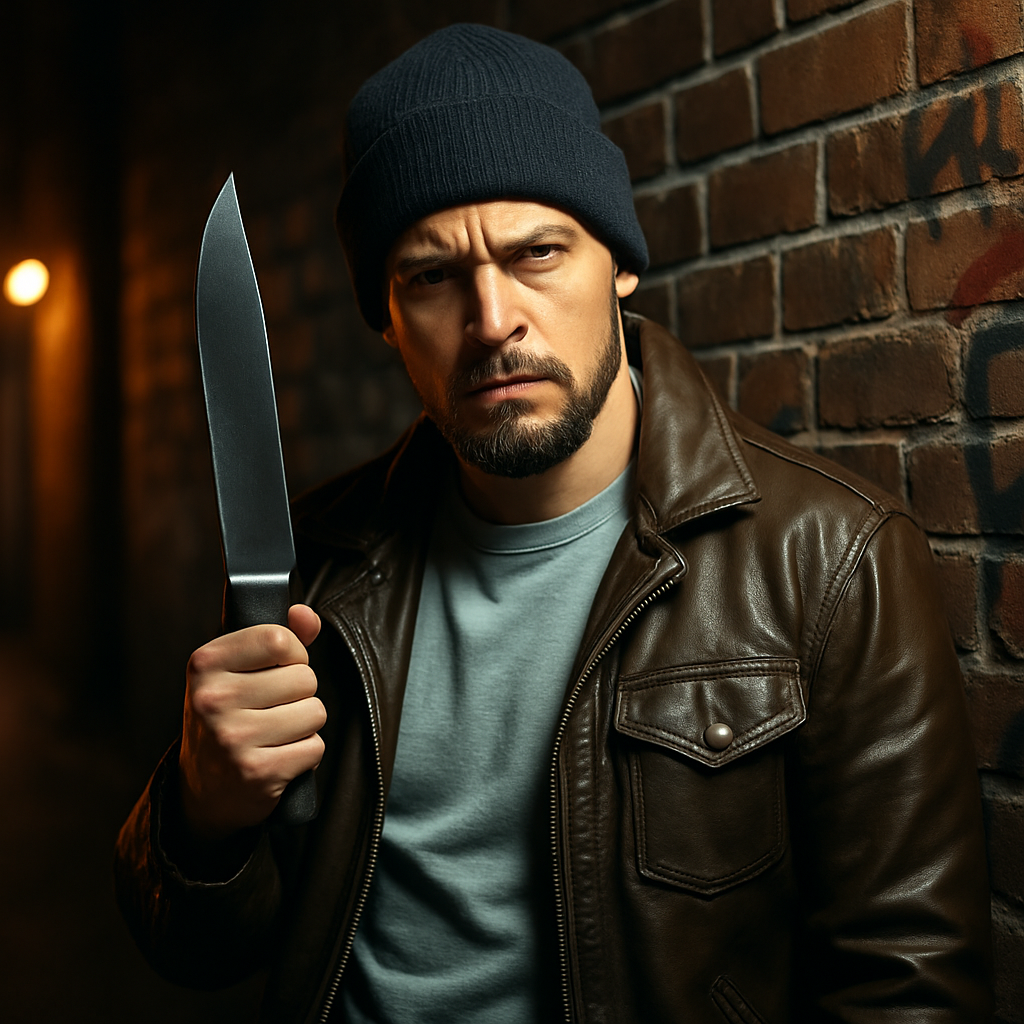 A rugged man leaning against a brick wall in an urban alley, wearing a stylish leather jacket and a warm knit beanie