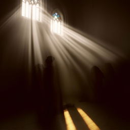 A deeply poignant scene of people engaged in prayer, their bodies assumed in gestures of reverence and faith, under an ethereal light