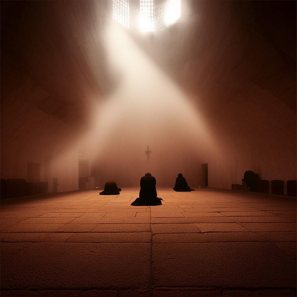 A deeply poignant scene of people engaged in prayer, their bodies assumed in gestures of reverence and faith, under an ethereal light