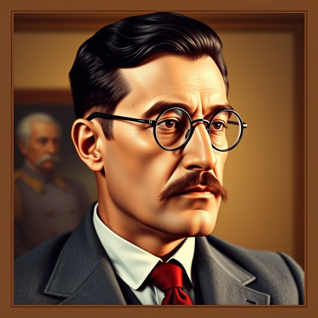 A portrait of Yakov Sverdlov, the Bolshevik leader, depicted as a historical figure wearing round glasses, a formal suit, and a tie