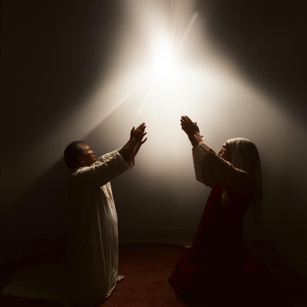 A deeply poignant scene of people engaged in prayer, their bodies assumed in gestures of reverence and faith, under an ethereal light