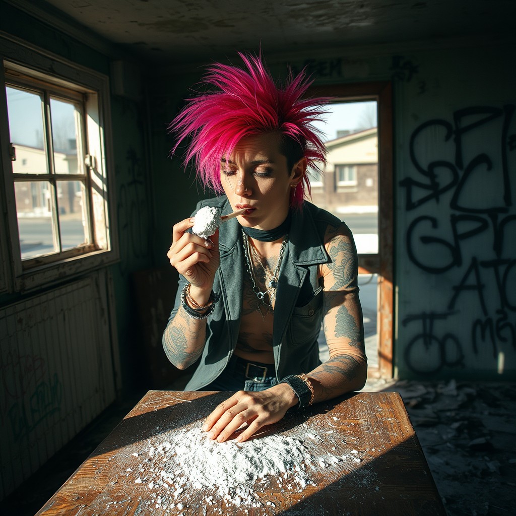A punk character with vibrant hair and edgy clothing sniffing white powder through a straw on a table inside an abandoned house