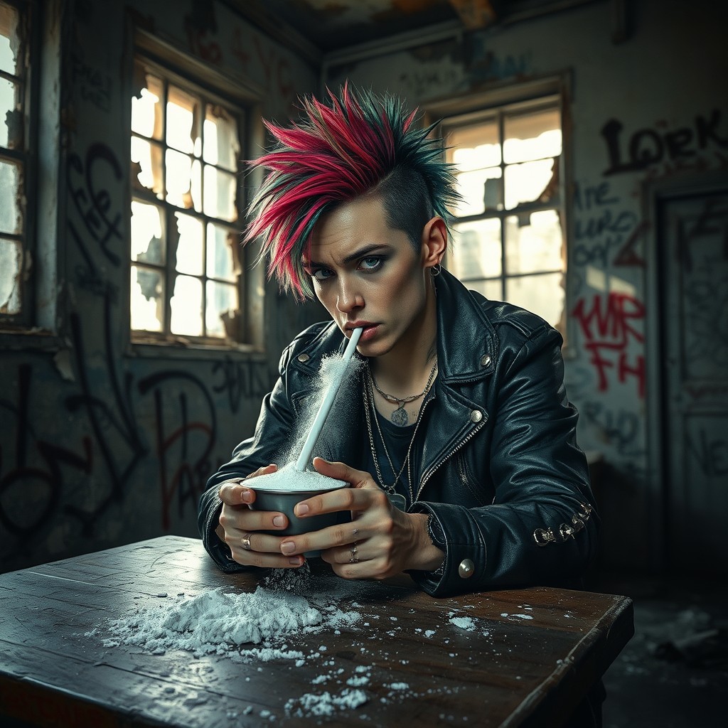 A punk character inhaling white powder through a straw on a table inside an abandoned house, surrounded by graffiti-covered walls