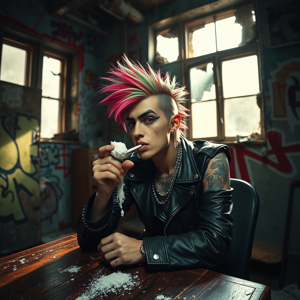A punk-style character sniffing white powder with a straw through his nose, sitting at a table in an abandoned house