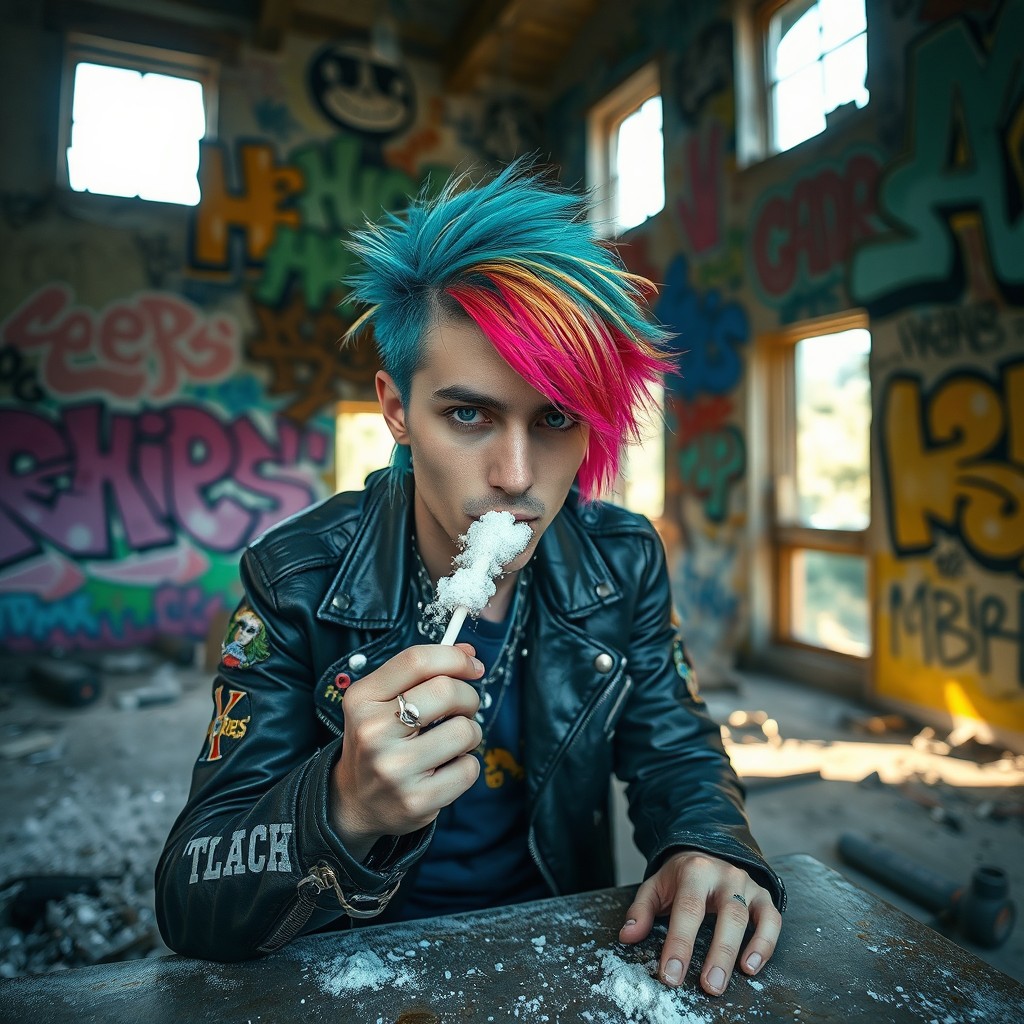 A punk with vibrant colored hair, wearing a leather jacket and band patches, is inhaling white powder through a straw with his nose, sitting at a table in an abandoned house