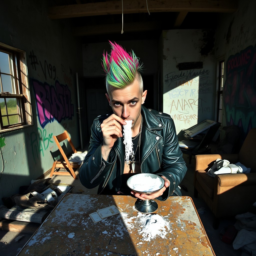A punk character, sporting colorful mohawk hair and wearing a leather jacket adorned with studs, is sniffing white powder through a straw on a dusty table