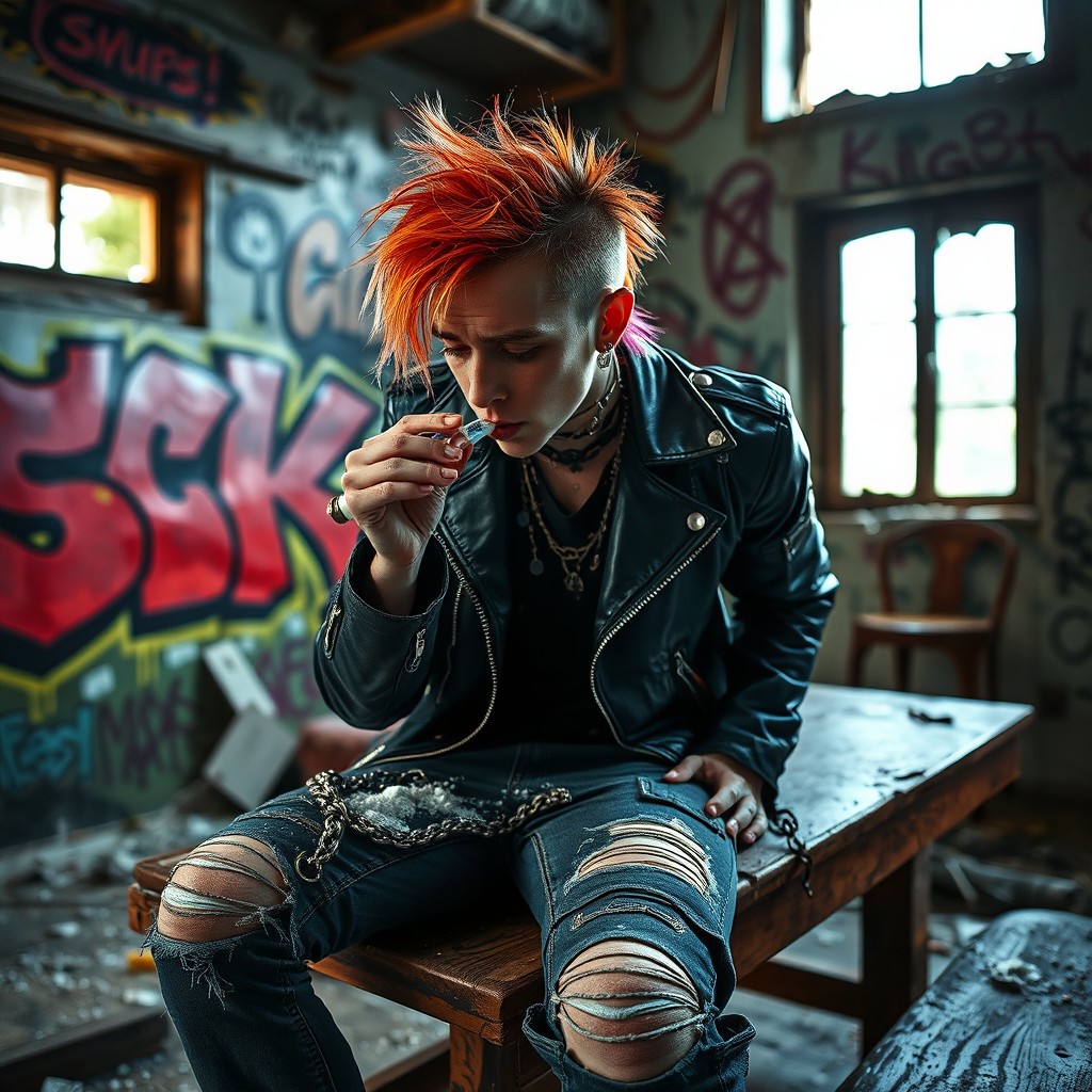 A punk individual with colorful hair and facial piercings is sniffing white powder from a tube on a wooden table inside an abandoned house