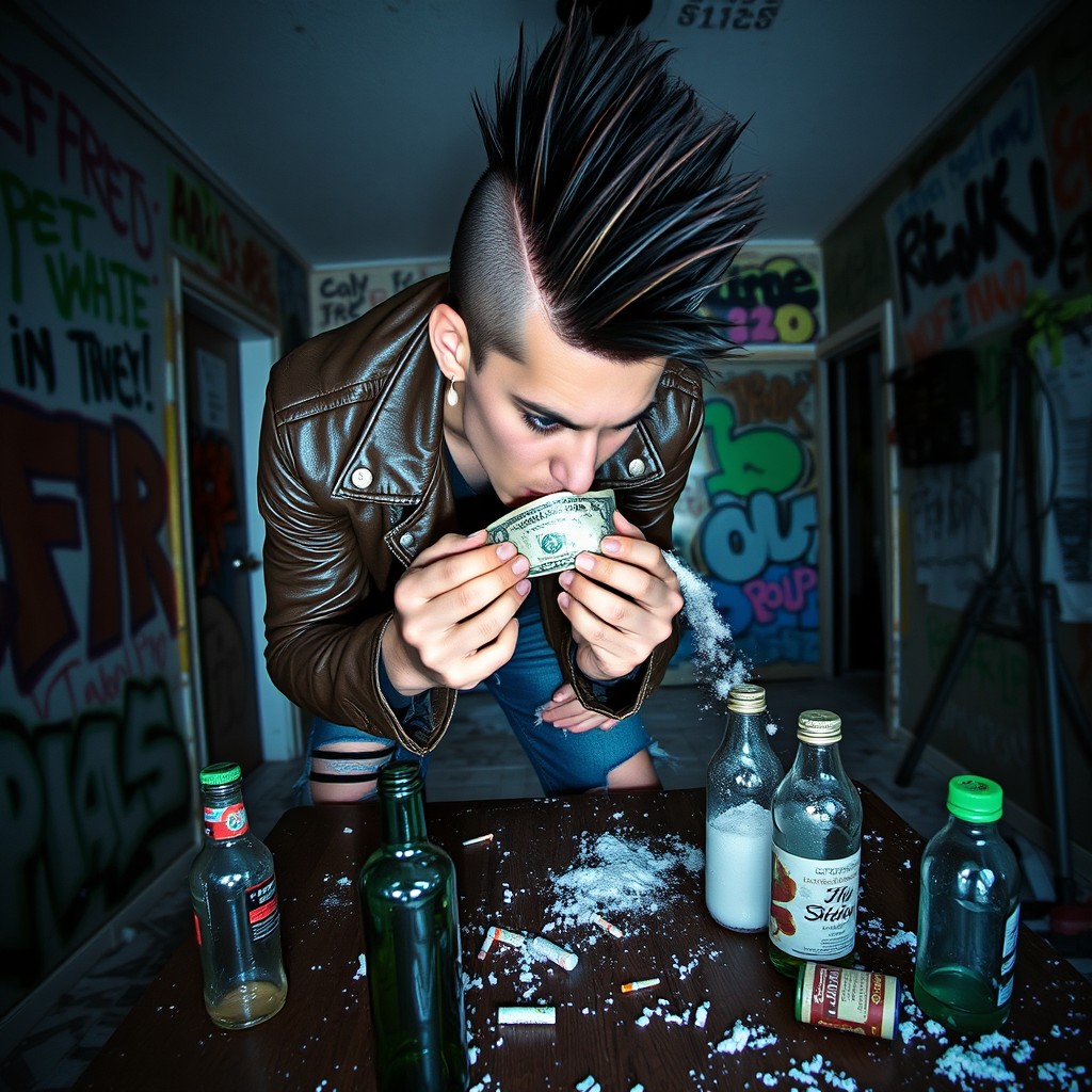 A punk individual with a mohawk hairstyle, wearing a leather jacket and ripped jeans, is bending over a table in an abandoned house