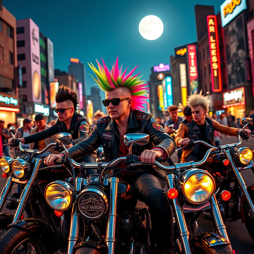 A group of punk individuals riding Harley Davidson motorcycles through a vibrant city at night