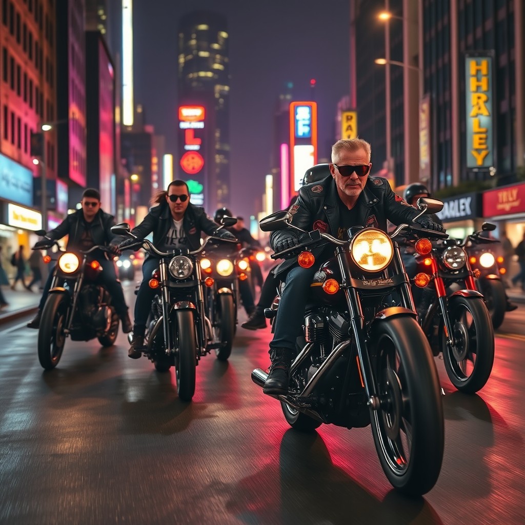 A dynamic scene of punk bikers riding Harley-Davidson motorcycles through a vibrant city at night