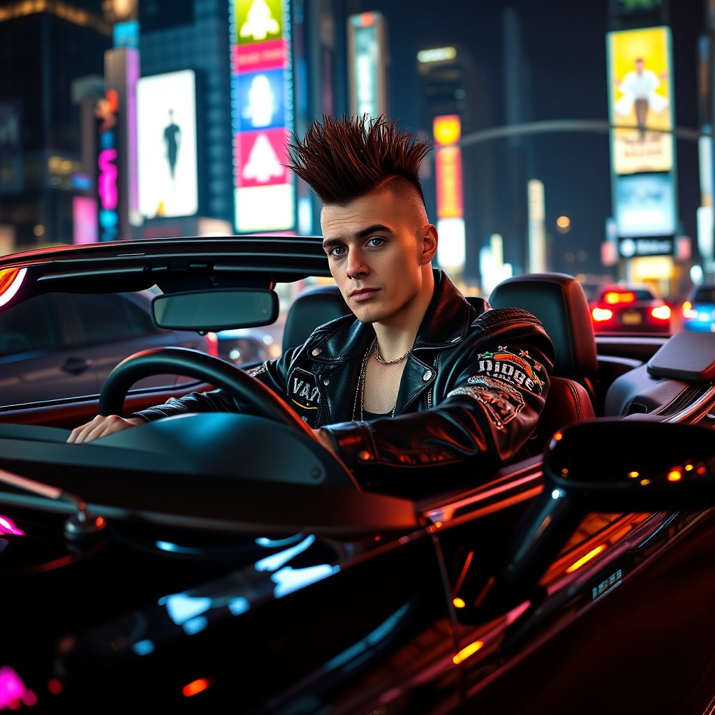 A punk driving a sleek black convertible Dodge through a vibrant city at night, surrounded by neon lights reflecting off the car's polished surface