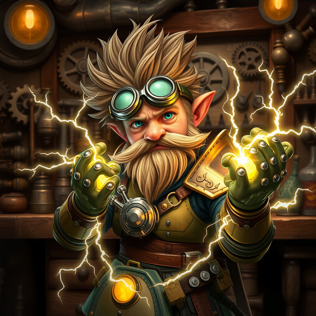 A gnome artificer in intricately designed armor, showcasing mechanical and steampunk elements