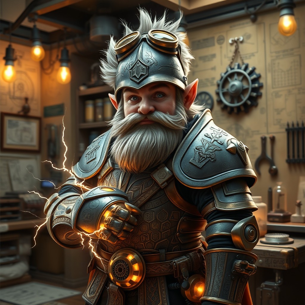 A gnome artificer clad in impressive plate armor, reflecting a blend of technological design and traditional craftsmanship