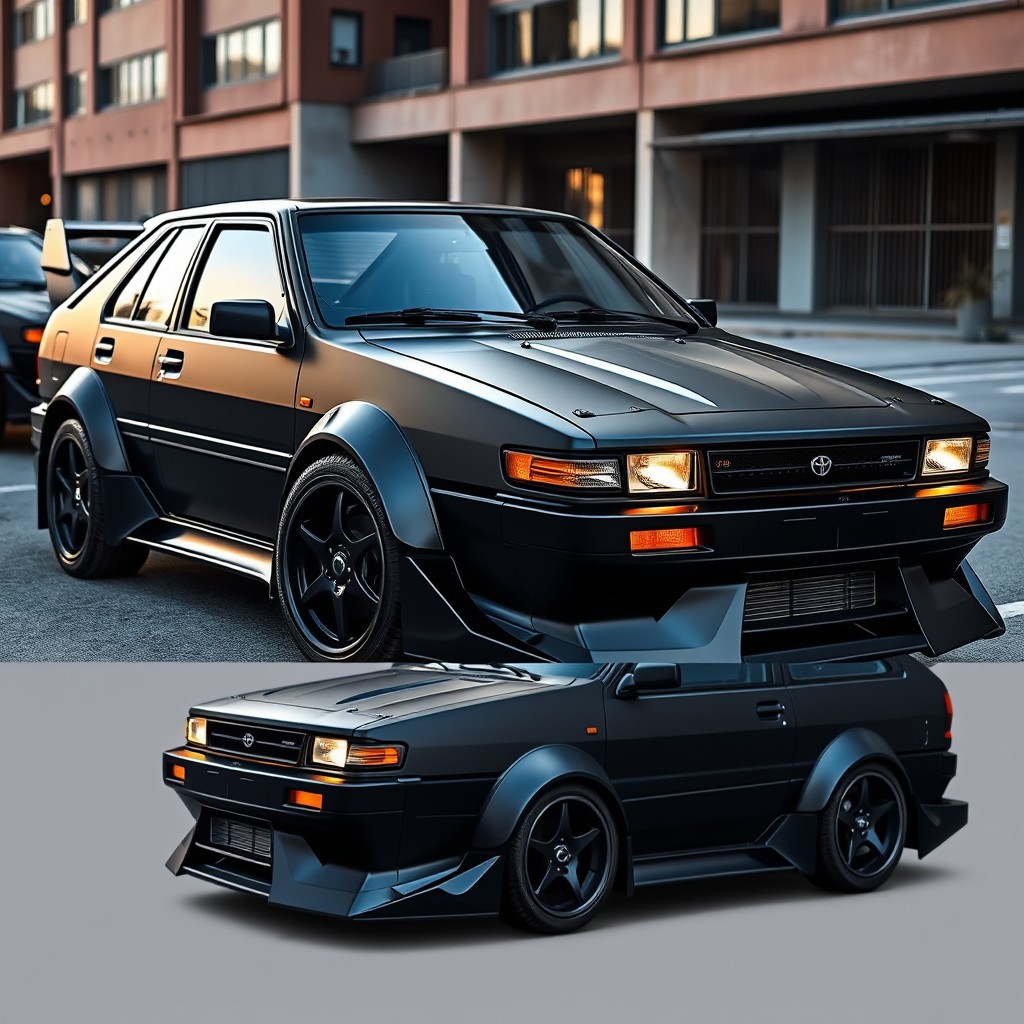 A rugged body kit design for a 1988 Toyota Corolla, showcasing aggressive lines and an enhanced sporty appearance