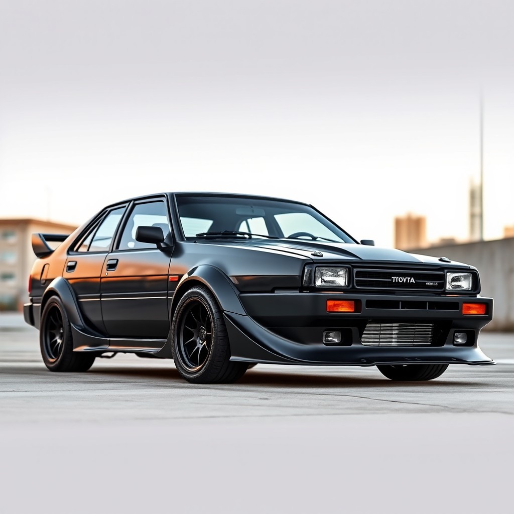 A rugged body kit design for a 1988 Toyota Corolla, showcasing aggressive lines and an enhanced sporty appearance in a 360° view