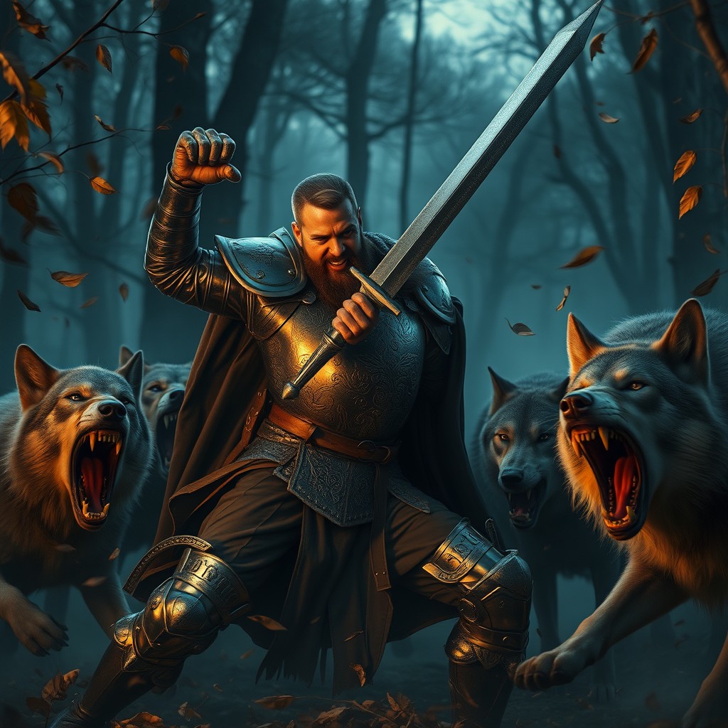 A heroic man clad in shining medieval armor, brandishing a sword as he fiercely engages in battle against a pack of snarling wolves