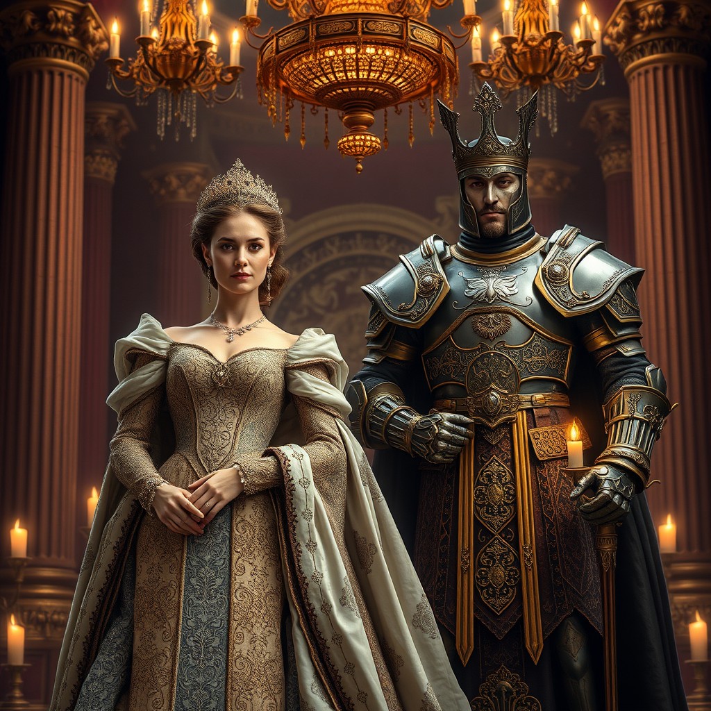 An elegant queen dressed in a luxurious gown embellished with intricate patterns and jewels, exuding grace and authority