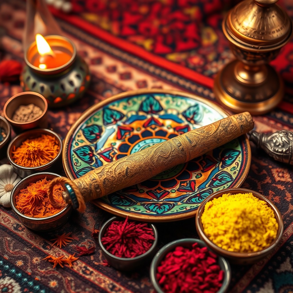 A vibrant and colorful Moroccan hashish scene featuring a beautifully crafted hashish joint surrounded by rich textures of Moroccan culture