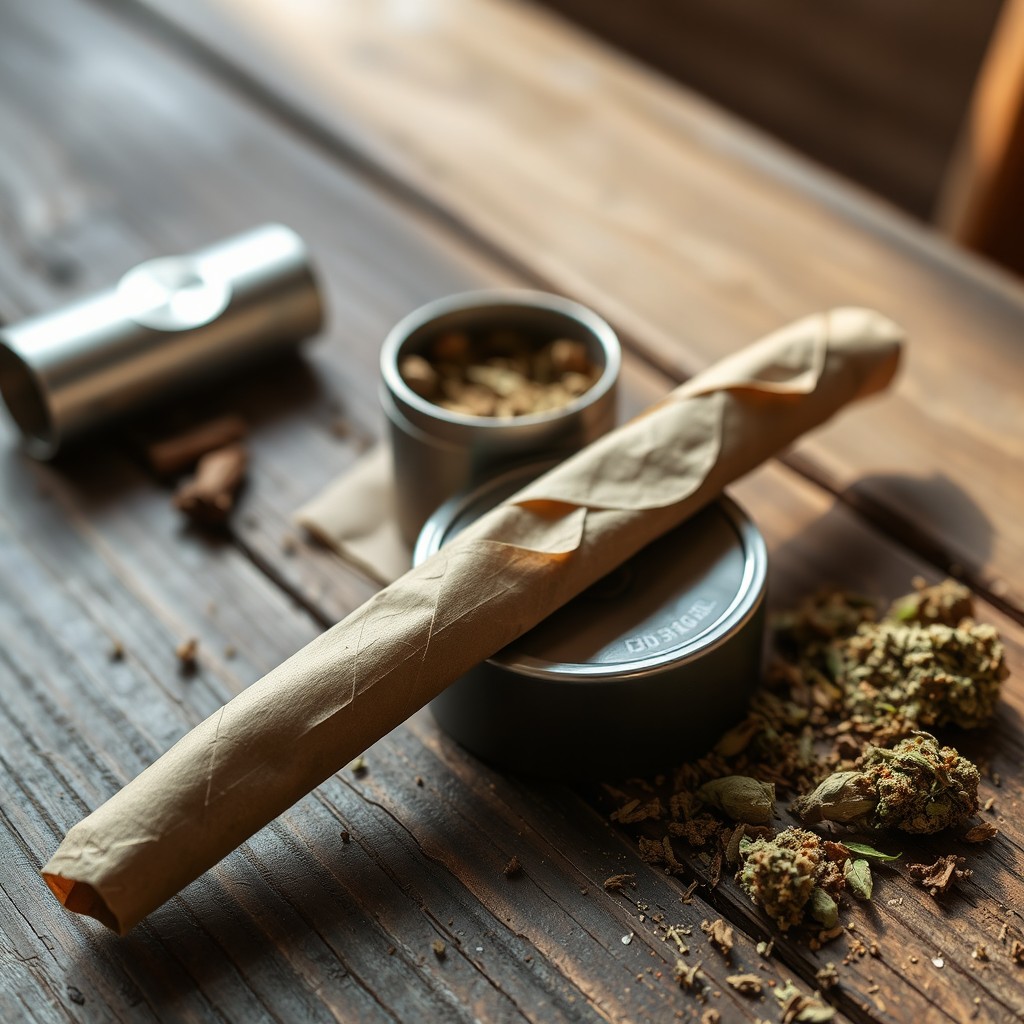 A beautifully rolled Moroccan hash joint made with an OCB paper, placed on a rustic wooden table