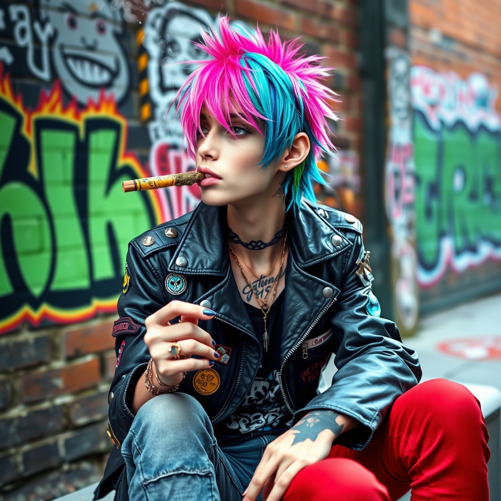 A punk character with vibrant colored hair, wearing a leather jacket adorned with patches and studs, sitting casually in an urban setting