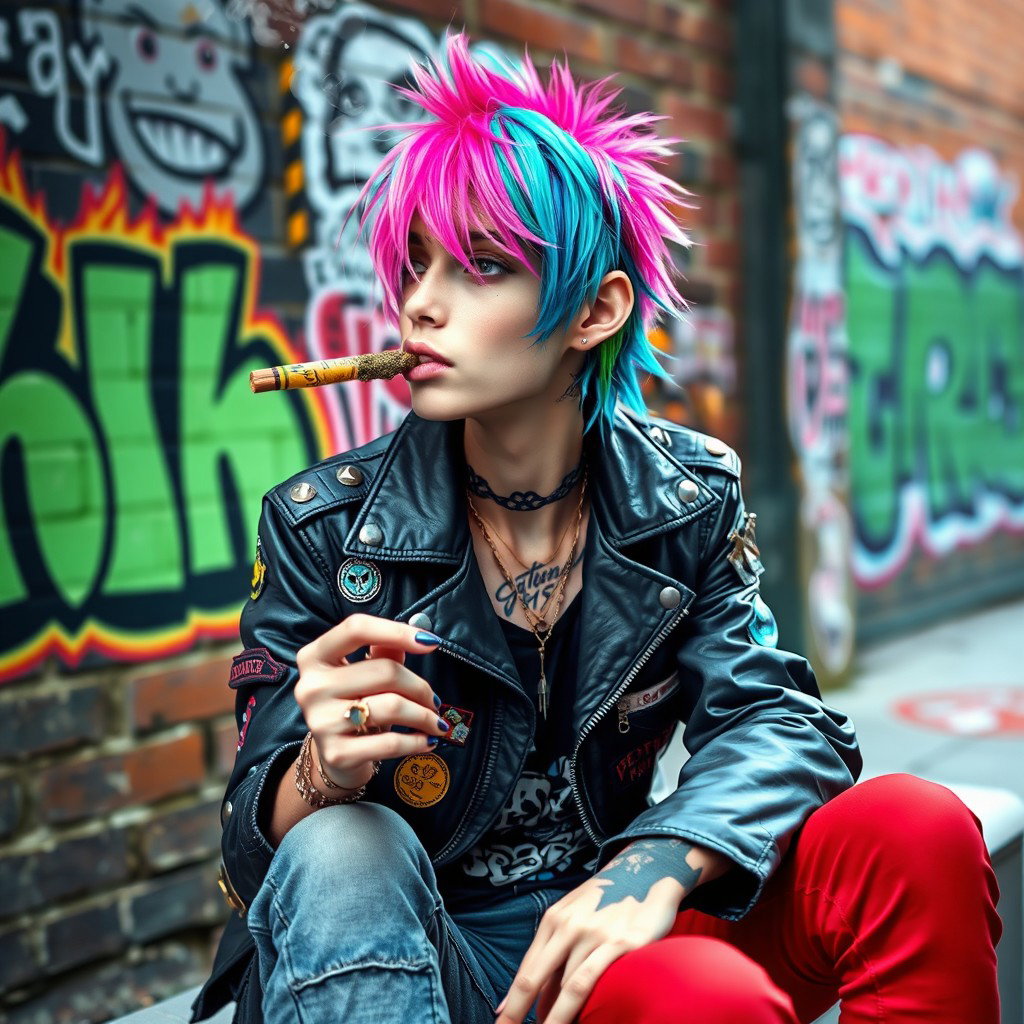 A punk character with vibrant colored hair, wearing a leather jacket adorned with patches and studs, sitting casually in an urban setting