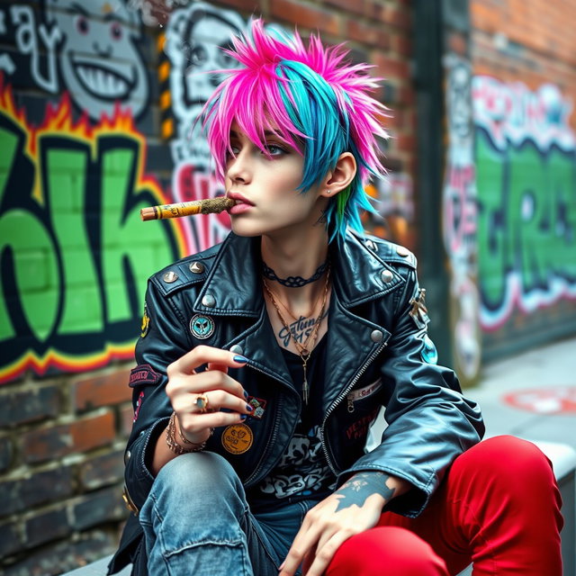 A punk character with vibrant colored hair, wearing a leather jacket adorned with patches and studs, sitting casually in an urban setting