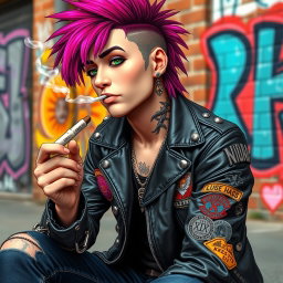 A punk character with vibrant colored hair, wearing a leather jacket adorned with patches and studs, sitting casually in an urban setting